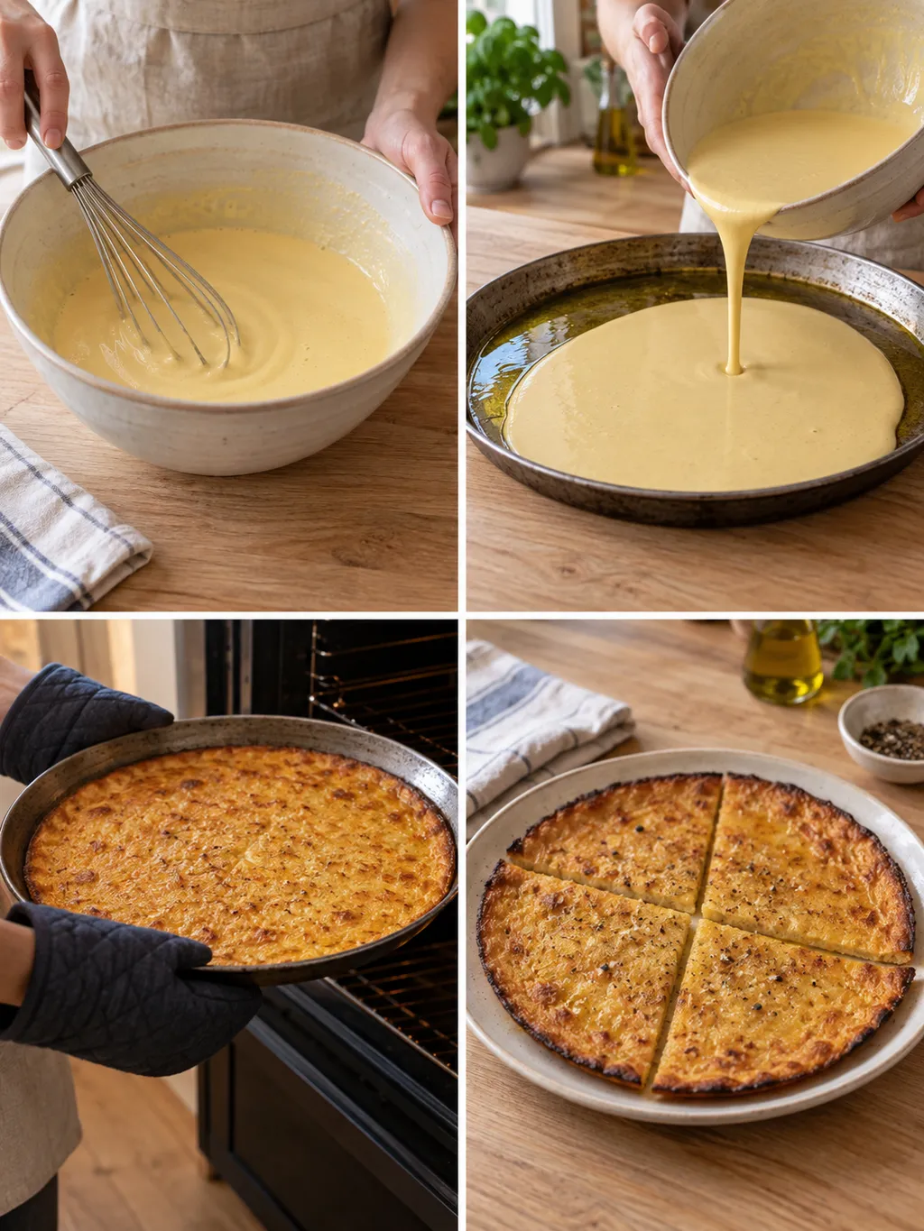 Preparazione della farinata dalla pastella alla cottura e agli spicchi con pepe