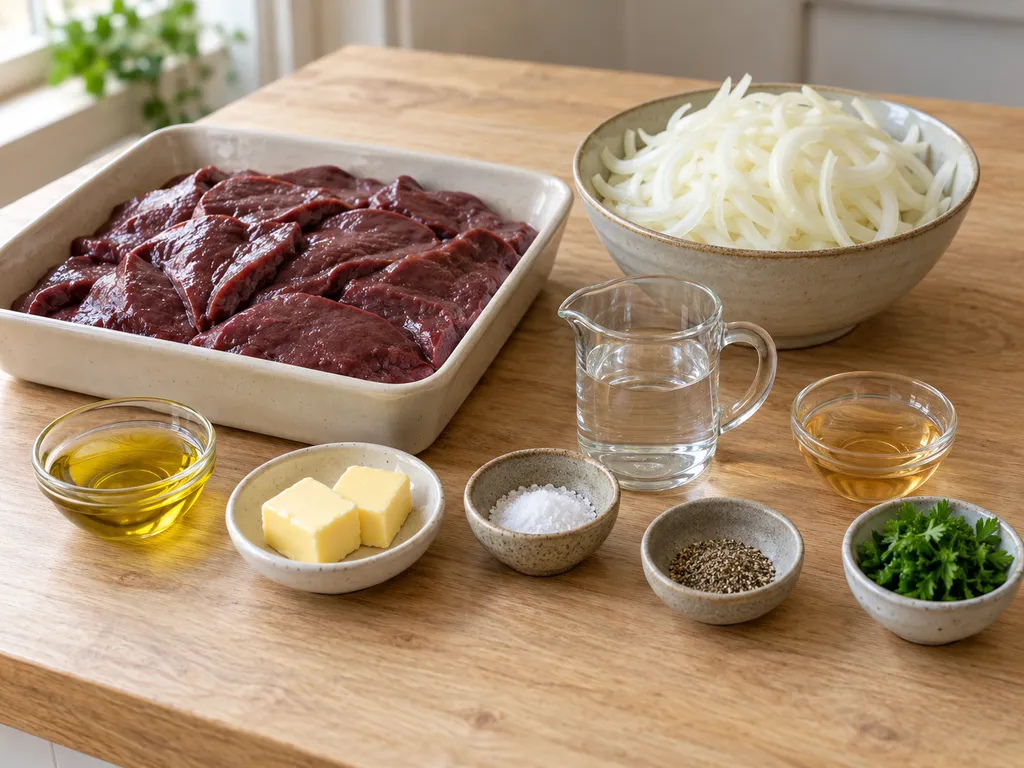 Fegato di vitello, cipolle bianche, burro, olio, aceto e prezzemolo separati in ciotole