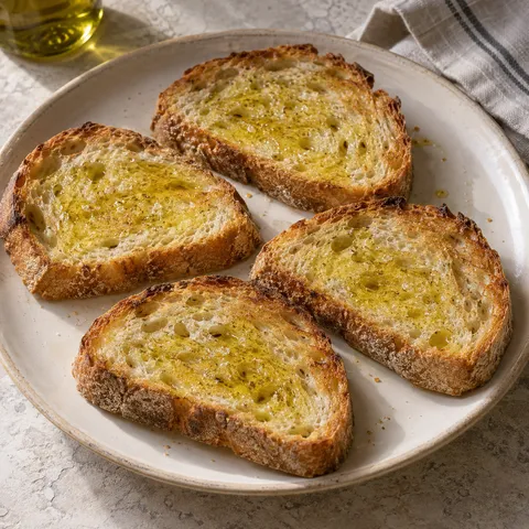 Fettunta con olio nuovo su pane toscano dorato, servita su un piatto chiaro