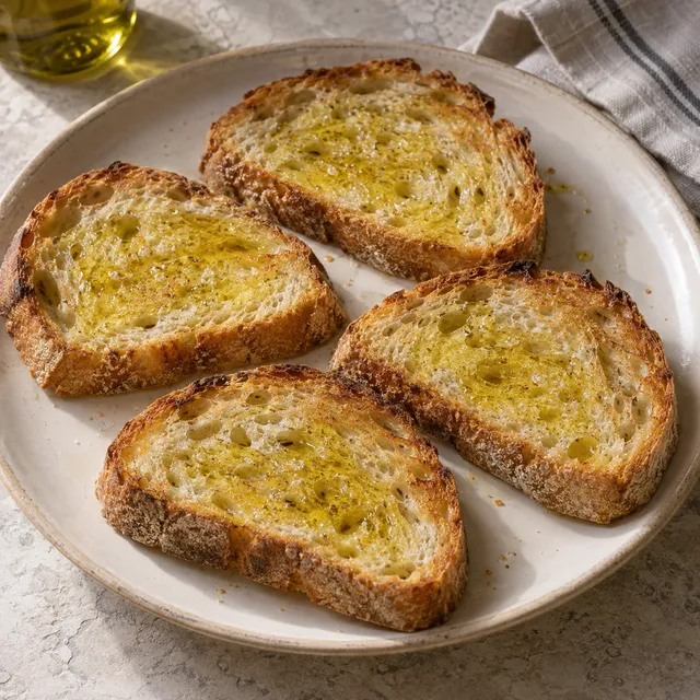 Fettunta con olio nuovo su pane toscano dorato, servita su un piatto chiaro