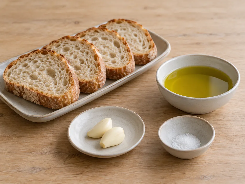 Pane toscano, due spicchi d'aglio, olio extravergine nuovo e sale per la fettunta
