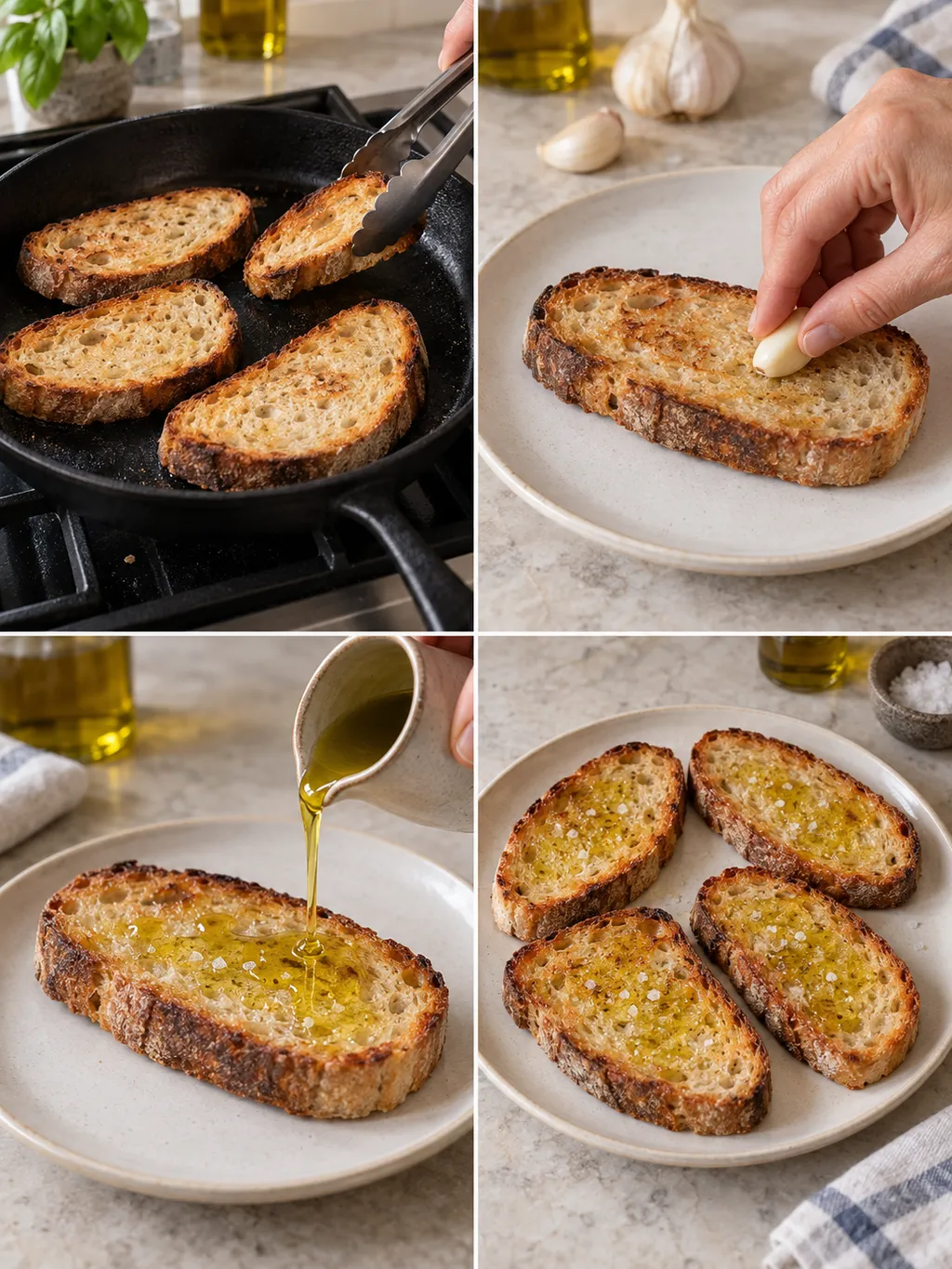 Pane tostato in padella, strofinato con aglio e condito con olio per la fettunta