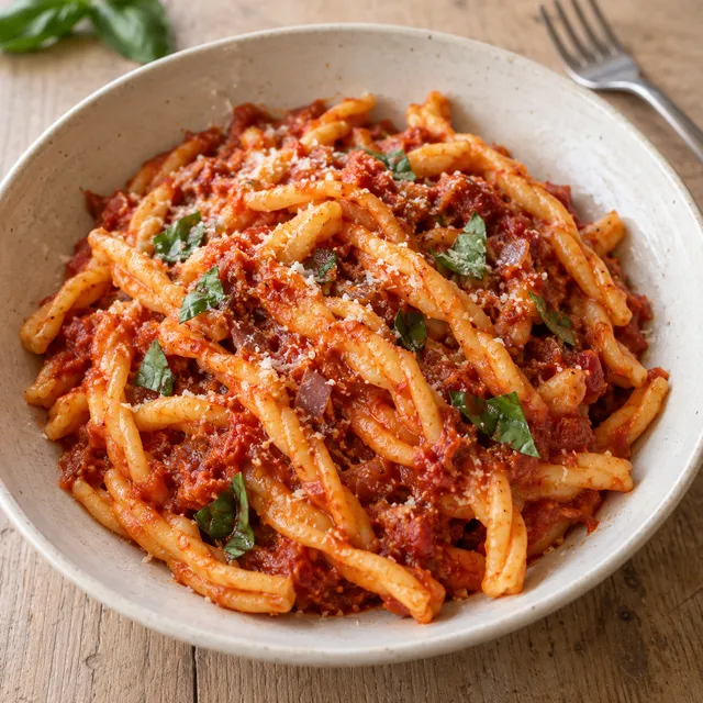 Fileja con sugo di 'nduja e pomodoro, pecorino grattugiato e basilico