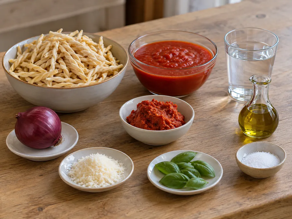 Fileja secchi, 'nduja, passata, cipolla rossa, olio, pecorino, basilico e sale
