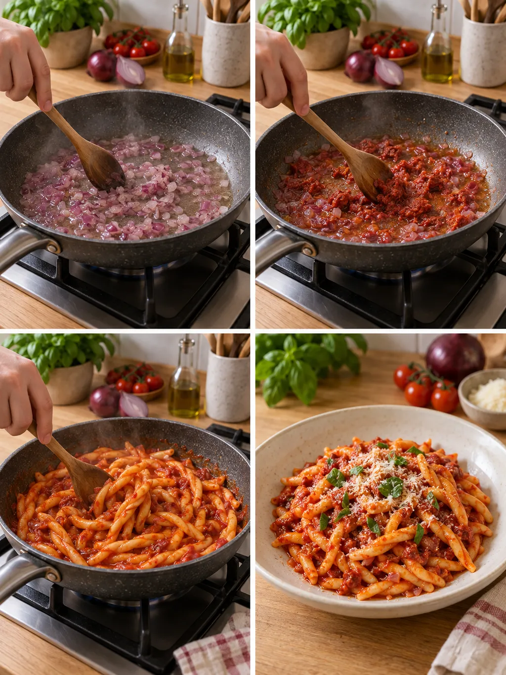 Cipolla in padella, 'nduja incorporata, fileja nel sugo e pasta pronta con pecorino