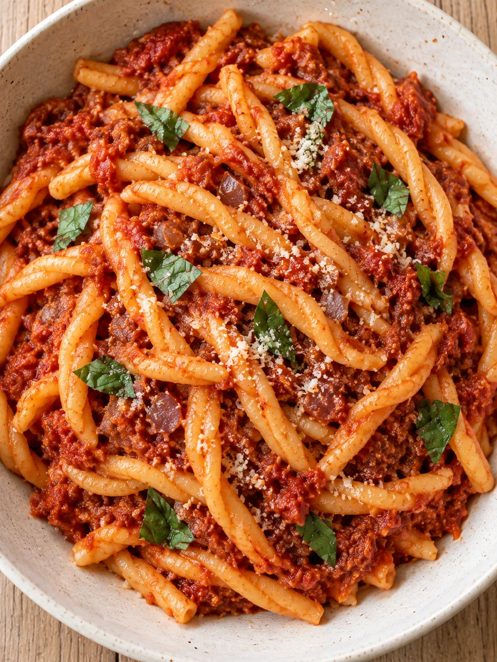 Fileja attorcigliati con sugo rosso di 'nduja, pecorino e basilico