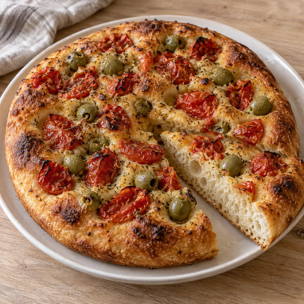 Focaccia barese con pomodorini, olive verdi e uno spicchio che mostra la mollica