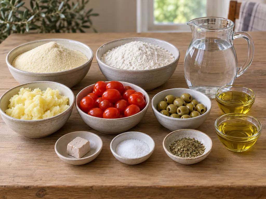 Patata lessata, farine, lievito, pomodorini, olive, olio e origano per la focaccia
