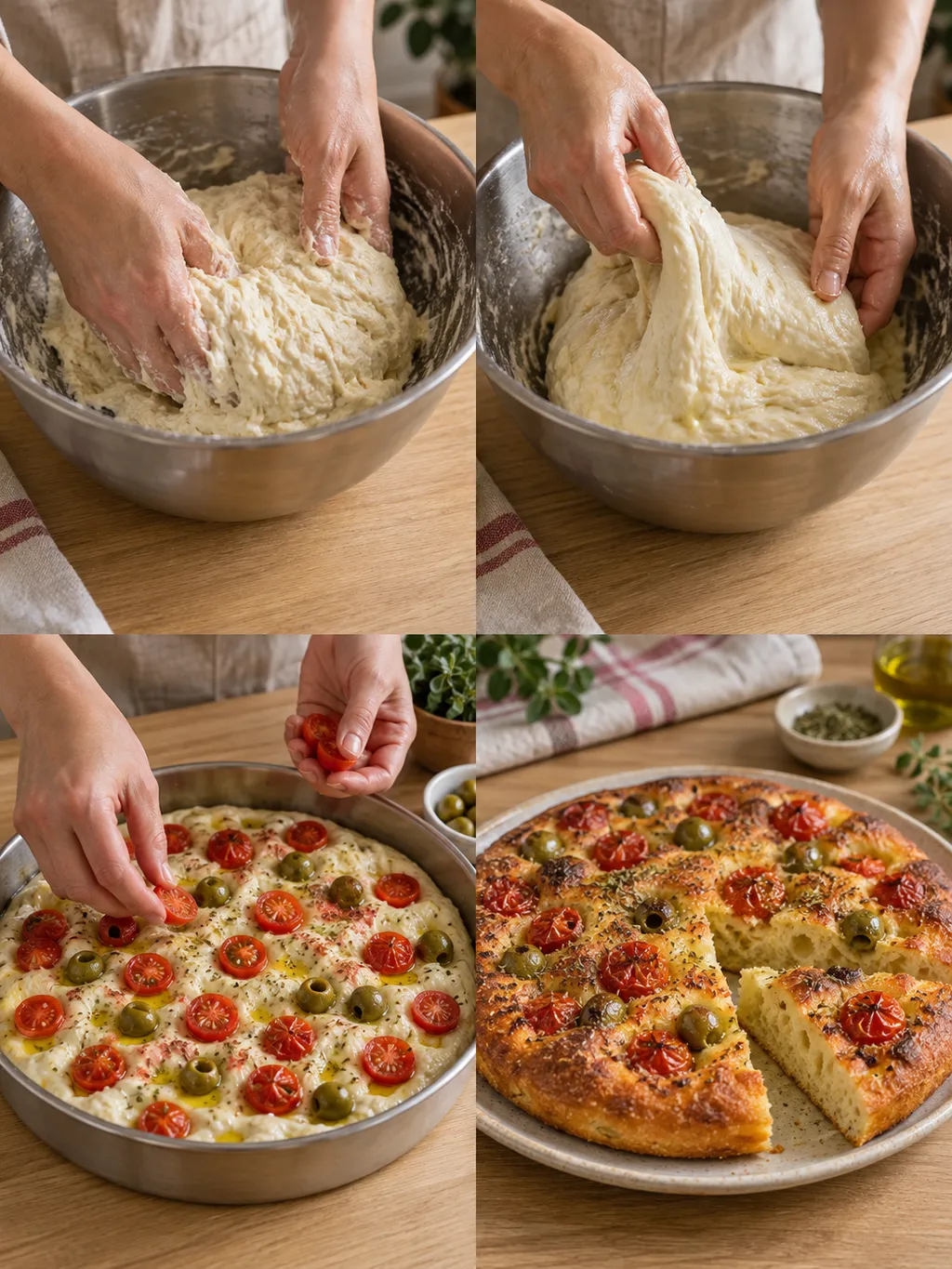 Preparazione della focaccia barese dalle pieghe al condimento e alla focaccia cotta