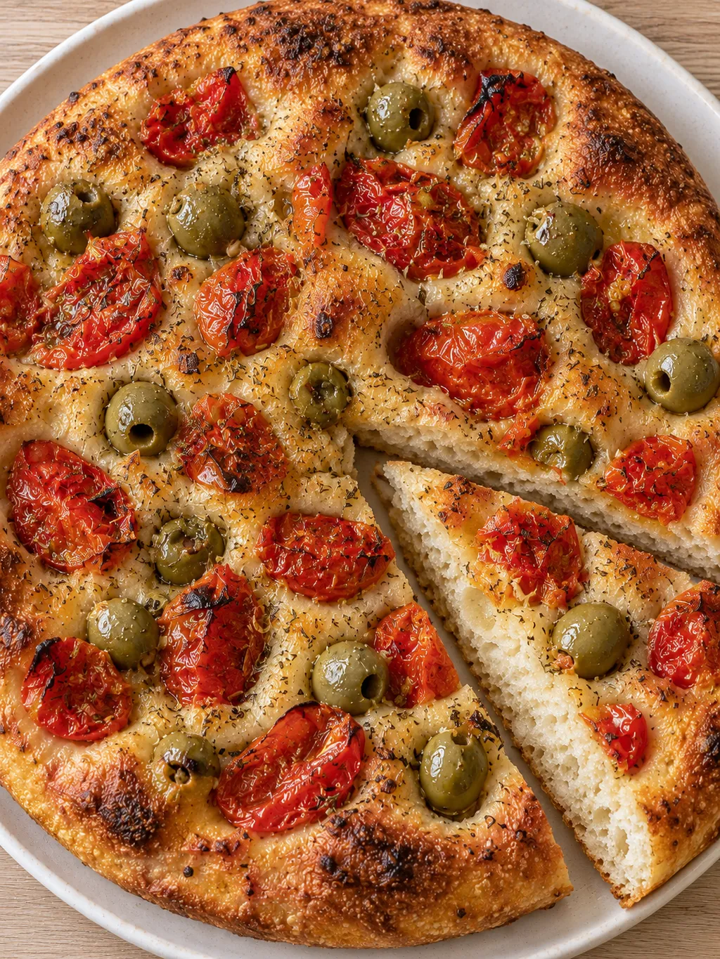 Focaccia barese dorata con pomodorini arrostiti, olive verdi e origano