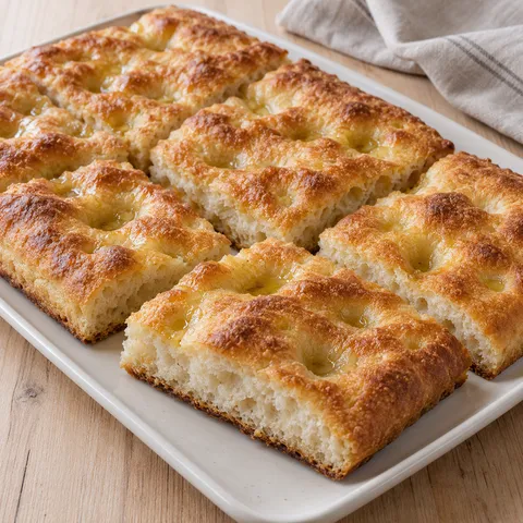 Focaccia genovese dorata con buchi profondi e mollica morbida tagliata a rettangoli