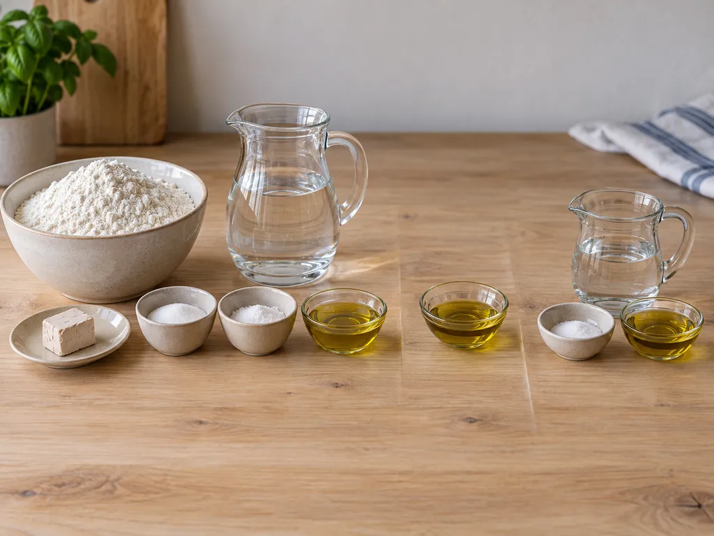Farina, acqua, lievito fresco, zucchero, sale e olio per la focaccia genovese