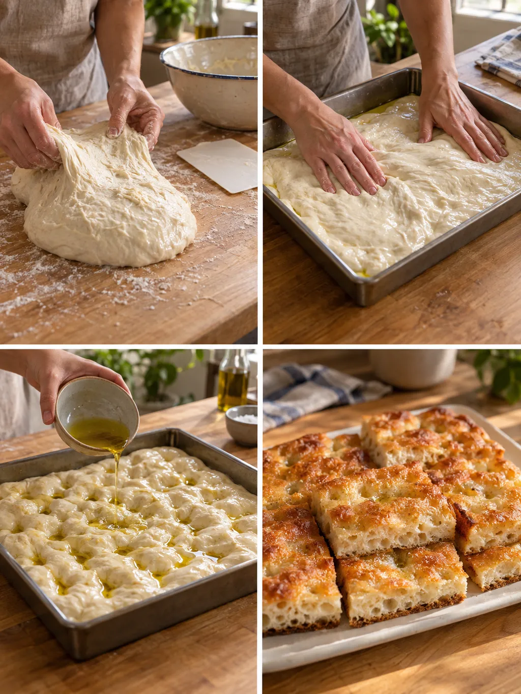 Impasto, stesura, salamoia nei buchi e focaccia genovese cotta a rettangoli