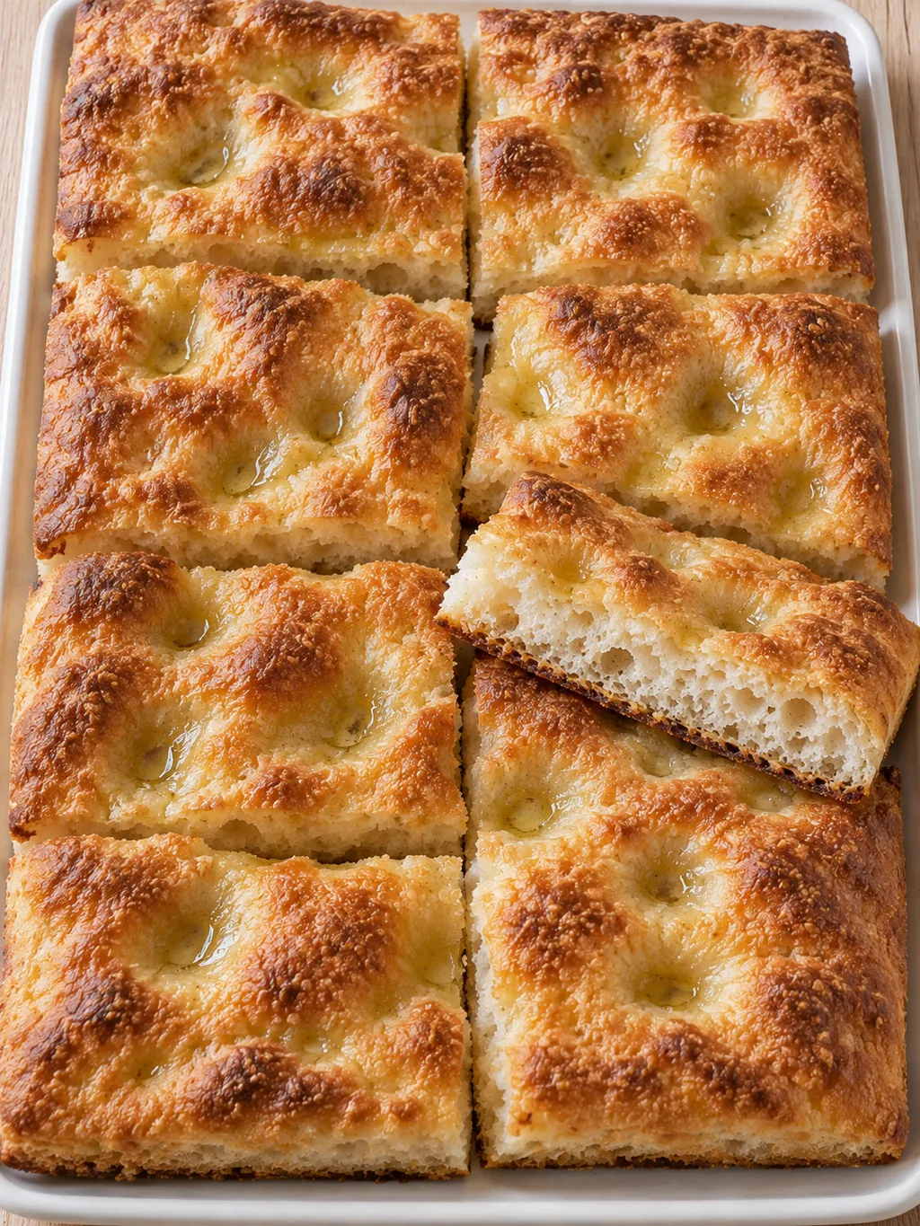 Rettangoli di focaccia genovese con fossette lucide d'olio e bordi dorati
