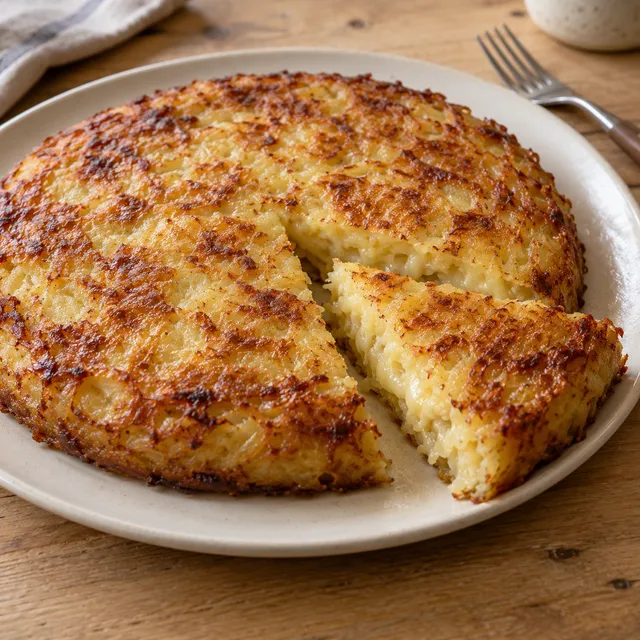 Frico friulano dorato con uno spicchio che mostra patate e Montasio