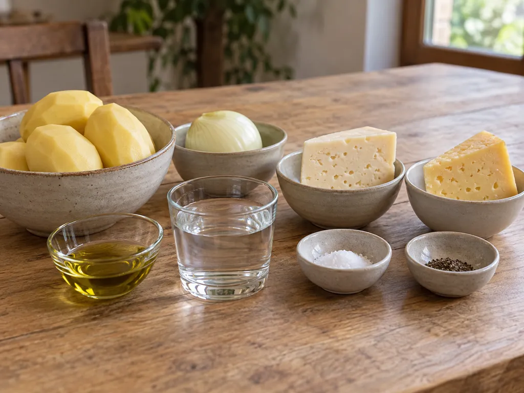 Patate, cipolla, due Montasio, olio, acqua, sale e pepe per il frico friulano