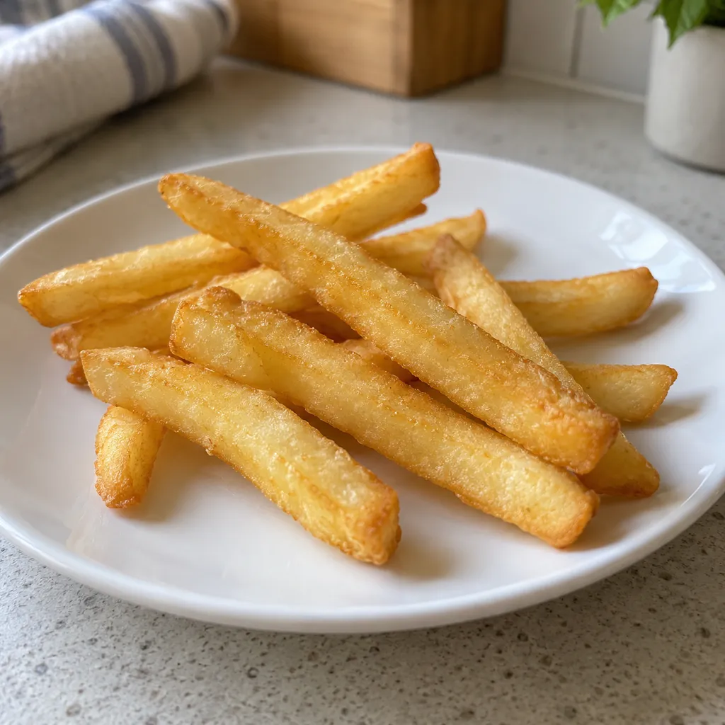 Bastoncini di patate fritti, giallo dorato chiaro, disposti in un solo strato su un piatto bianco.