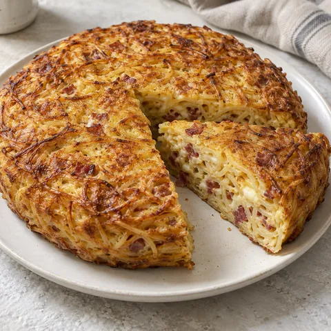 Frittata di pasta napoletana dorata con uno spicchio che mostra provola e salame