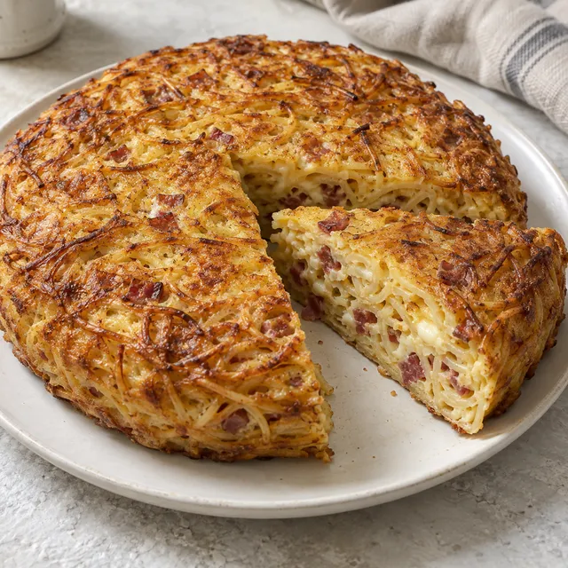 Frittata di pasta napoletana dorata con uno spicchio che mostra provola e salame