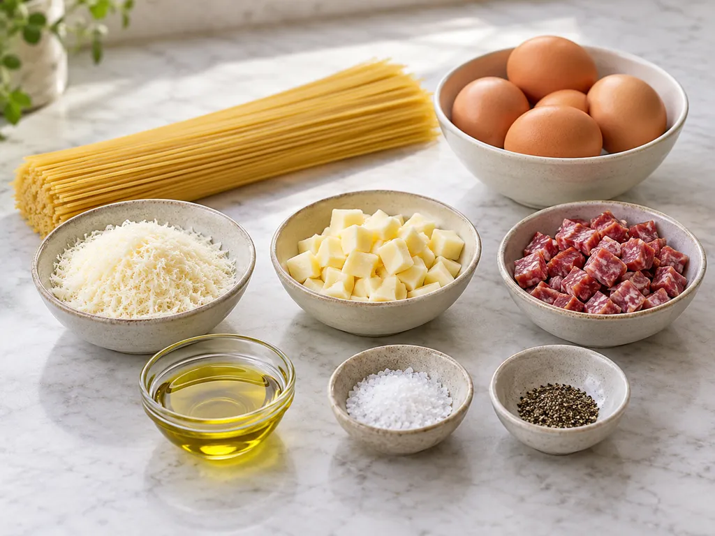 Spaghetti, cinque uova, parmigiano, provola, salame, olio, sale e pepe