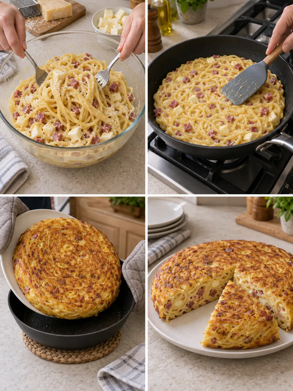 Preparazione e cottura della frittata di spaghetti con provola e salame