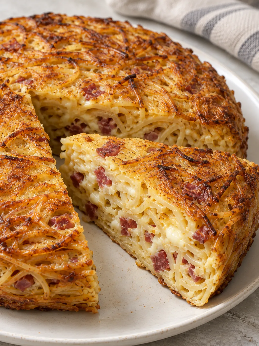 Spicchio di frittata di spaghetti con crosta dorata, provola morbida e salame