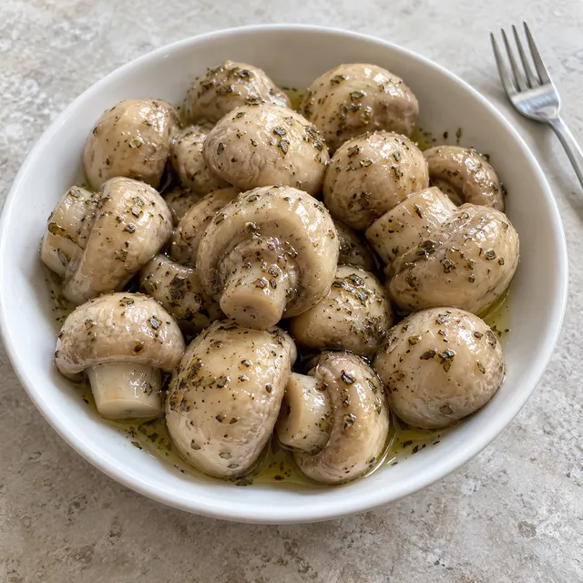 Champignon sott’olio con origano e pepe in una ciotola bianca