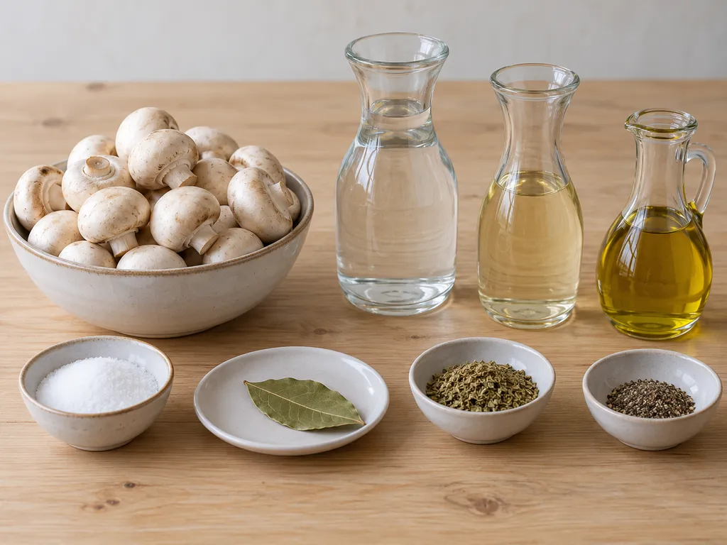 Champignon, aceto, acqua, sale, alloro, olio, origano e pepe separati sul piano