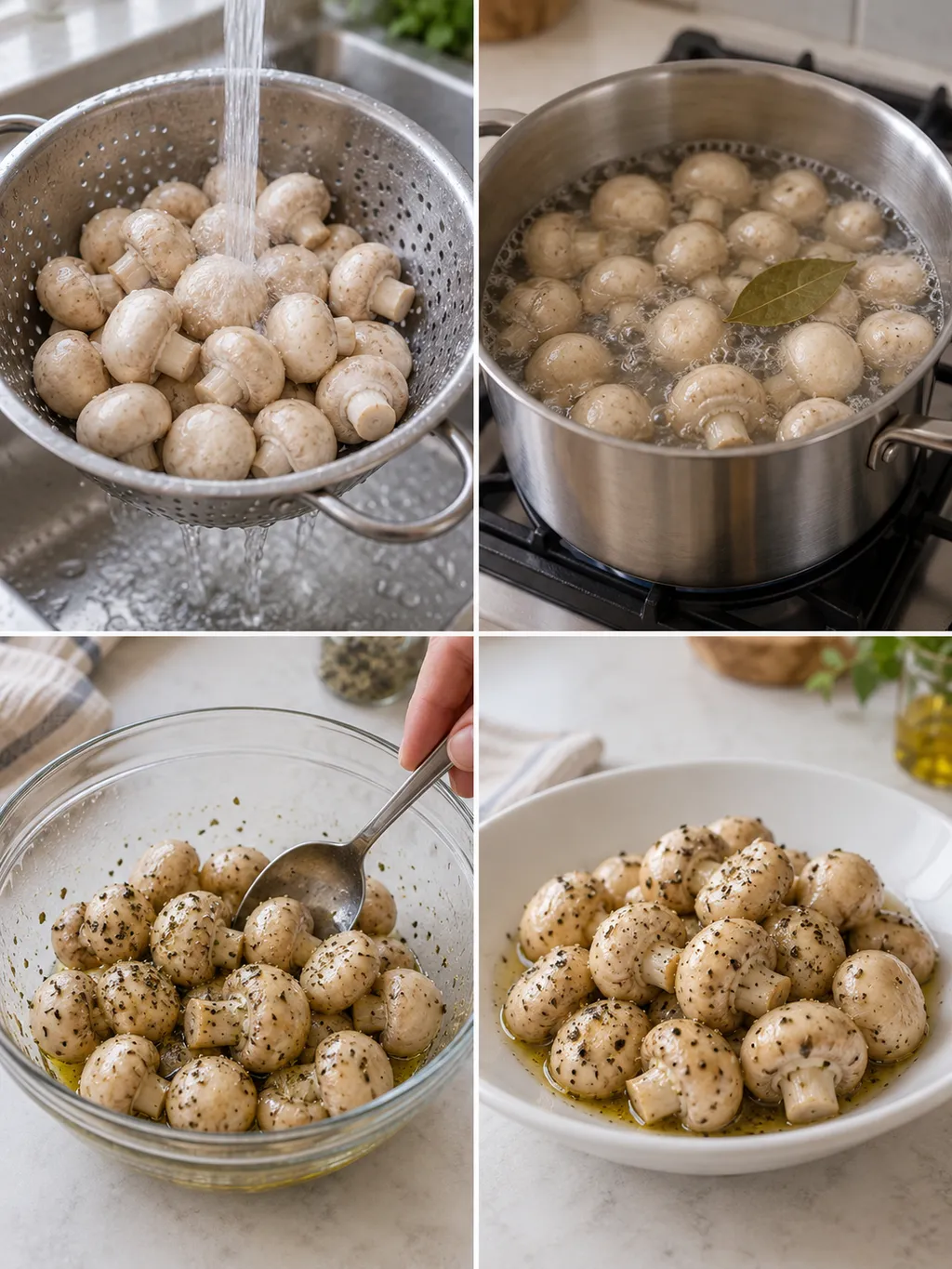 Pulizia, cottura e condimento degli champignon sott’olio, con il piatto pronto