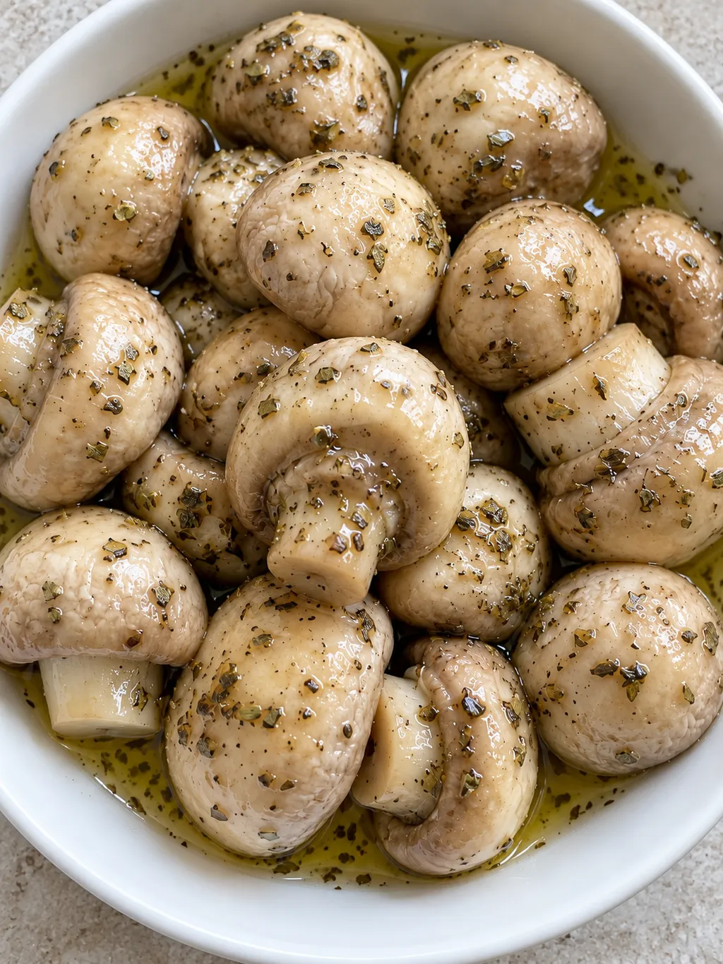 Champignon sott’olio interi con origano e pepe, serviti in una ciotola bianca