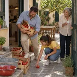 Nicola trattiene una cassetta di pomodori all'ingresso mentre Livia ne recupera uno e Teresa apre il cancello.