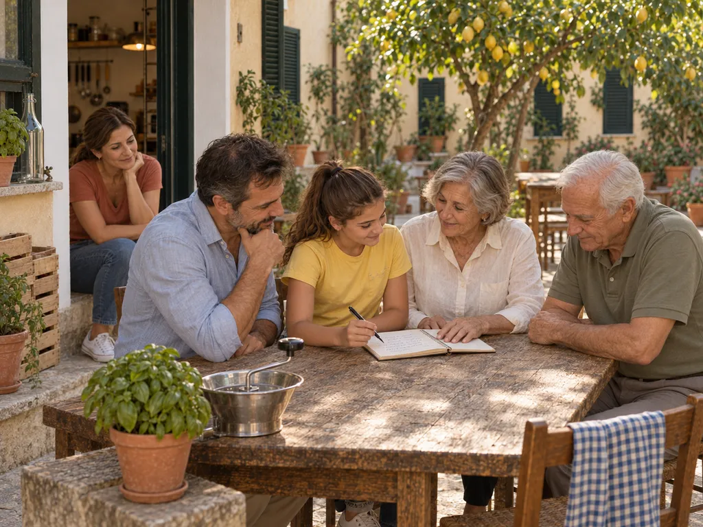Livia mostra a Teresa la pagina per la prossima giornata della salsa, mentre la famiglia riposa nel cortile riordinato.