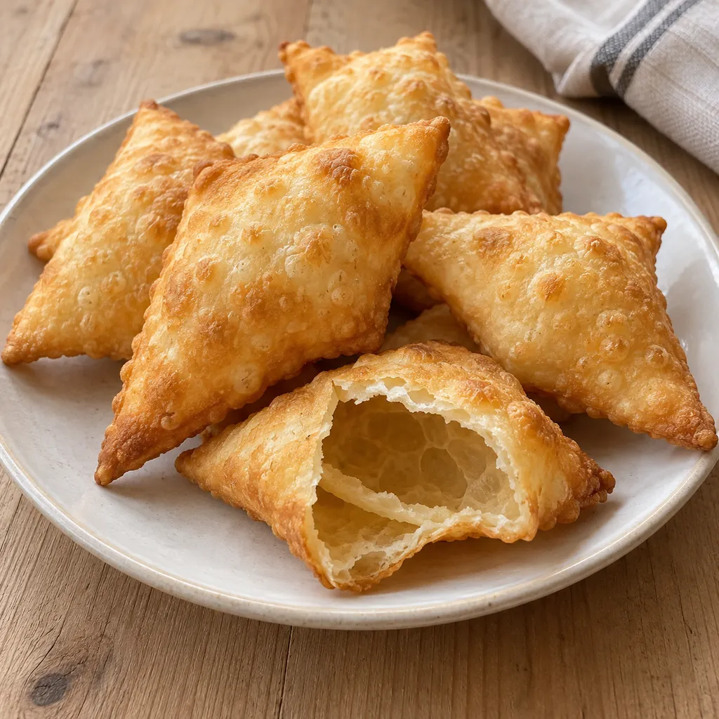 Gnocco fritto gonfio e dorato con un rombo aperto che mostra l'interno vuoto