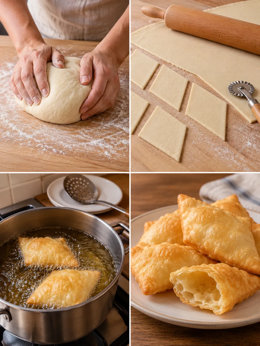 Impasto, taglio dei rombi, frittura e gnocco fritto dorato pronto sul piatto