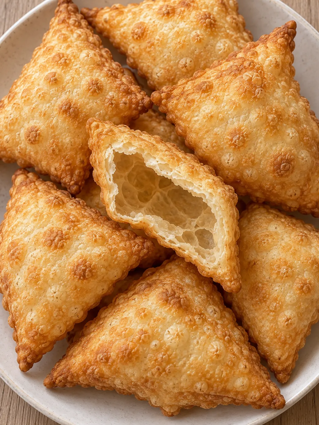 Rombi di gnocco fritto dorati su un piatto avorio con un pezzo aperto al centro