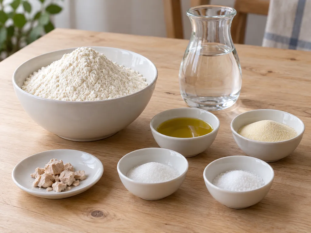 Farina, acqua, lievito, zucchero, sale, olio e semola per i grissini