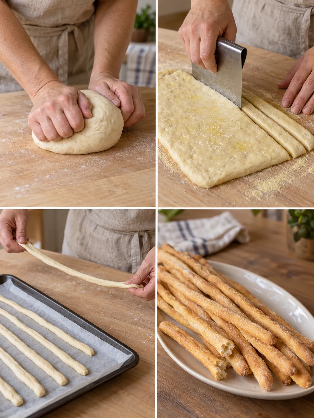 Impasto, taglio e stiratura dei grissini con il piatto finito