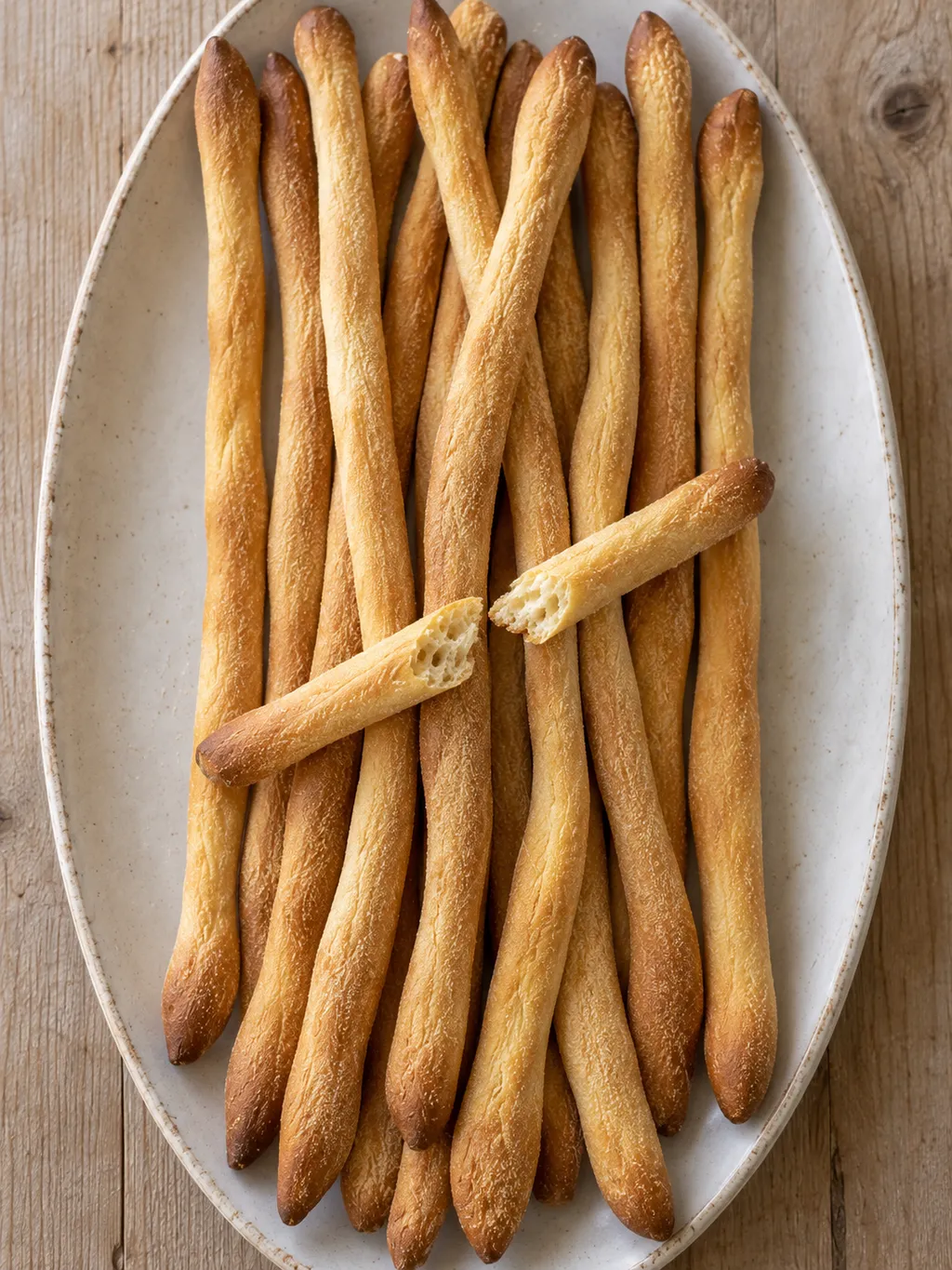 Grissini torinesi croccanti con superficie dorata e un bastoncino spezzato
