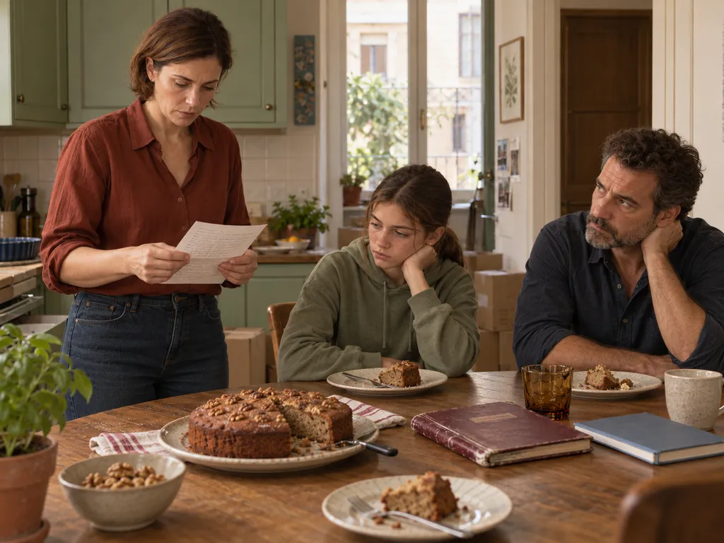 Davanti alla torta crepata, Elena e Michele discutono mentre Nora lascia la forchetta sul piatto.