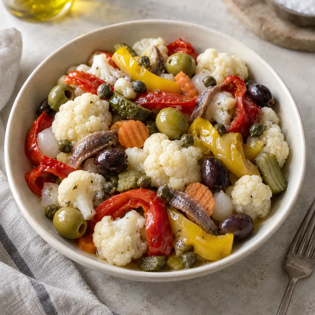 Insalata di rinforzo napoletana con cavolfiore, papaccelle, olive e alici