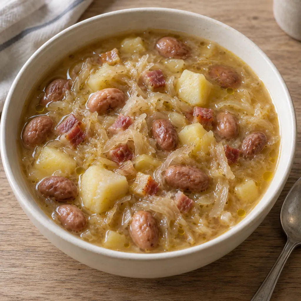 Jota triestina con crauti, borlotti, patate e piccoli dadini di pancetta