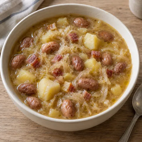 Jota triestina con crauti, borlotti, patate e piccoli dadini di pancetta