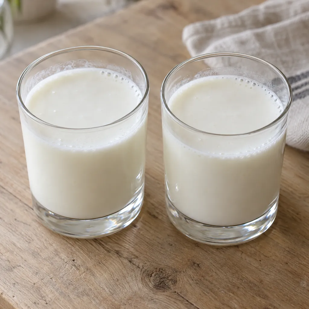 Kefir di latte fatto in casa, bianco e cremoso, servito in due bicchieri