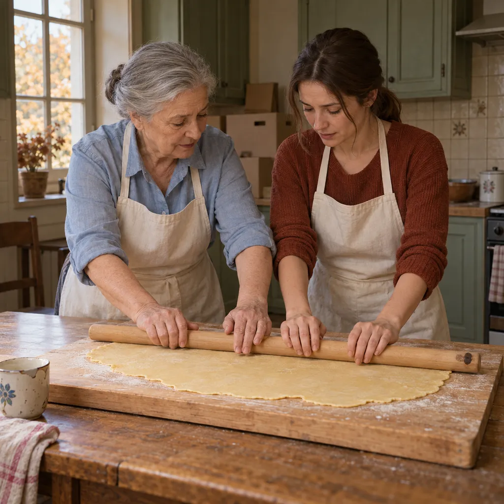 Nonna Adele mostra a Irene come posare le mani sul mattarello nella cucina ancora piena di scatoloni.