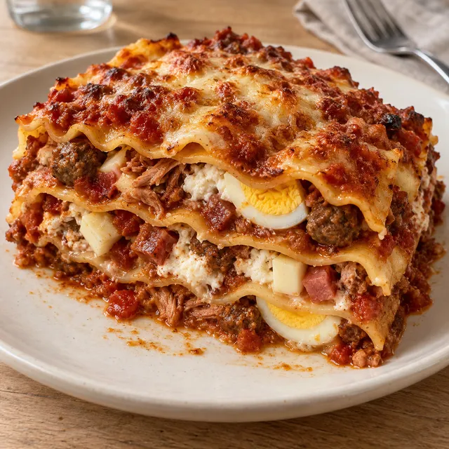Lasagna napoletana di Carnevale con polpettine, ricotta e uova sode