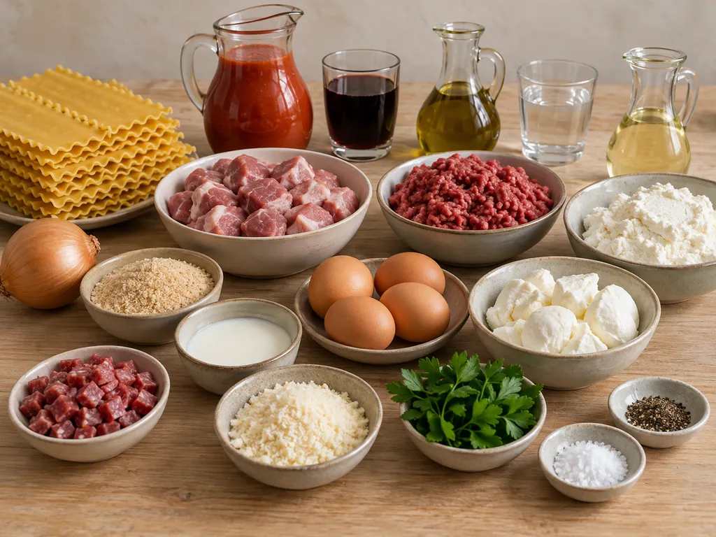 Pasta riccia, carni, pomodoro, ricotta, fiordilatte e uova per la lasagna napoletana