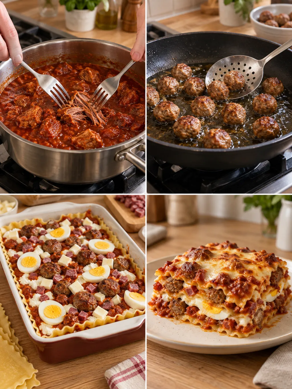 Ragù, frittura delle polpettine, composizione degli strati e lasagna napoletana pronta