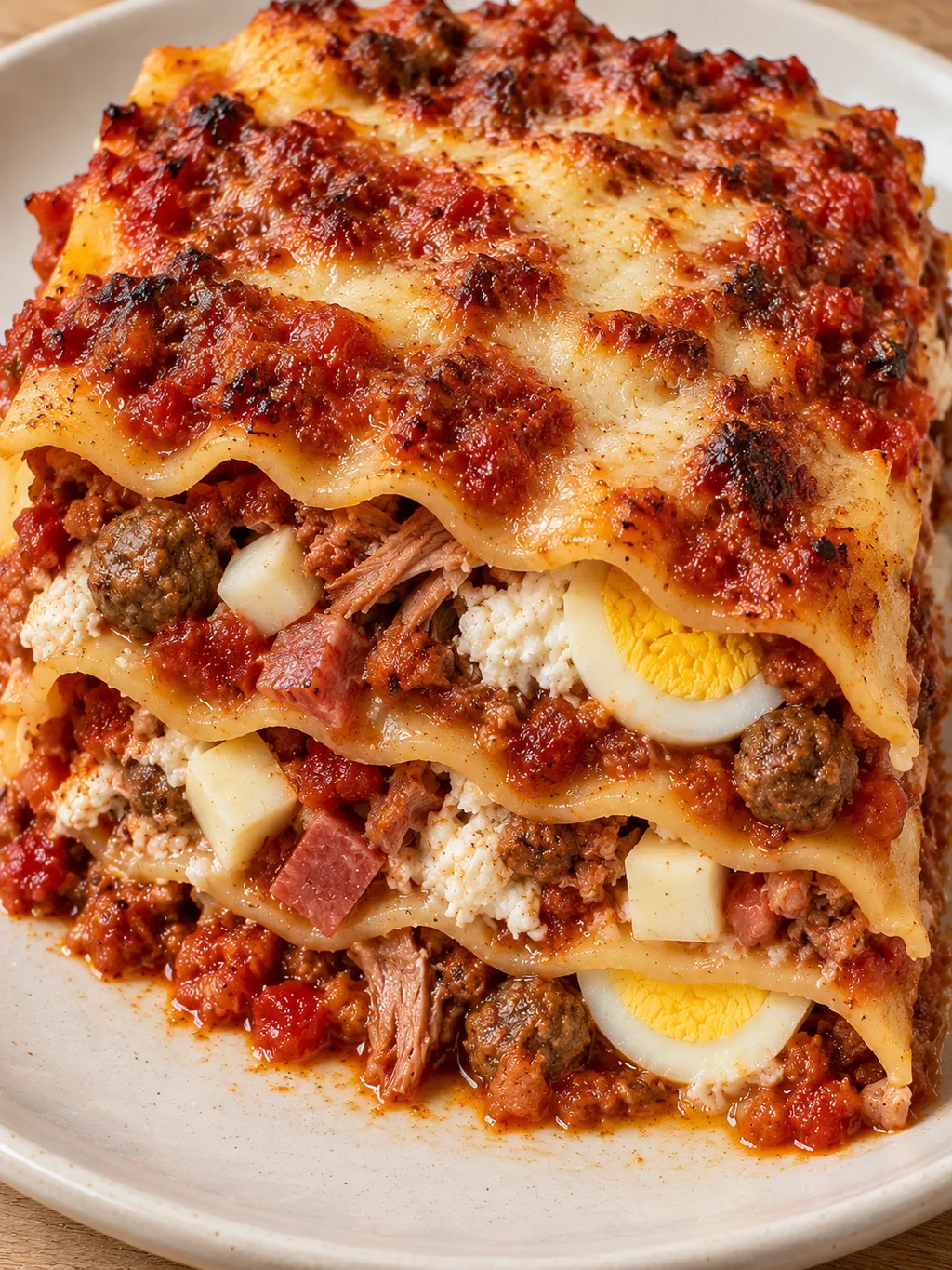 Lasagna napoletana con superficie dorata e strati di ragù, ricotta, polpettine e uova