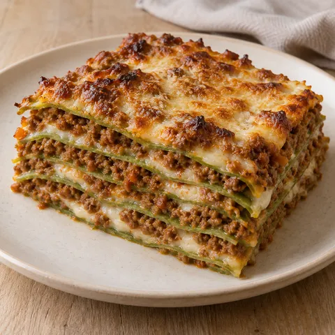 Lasagne alla bolognese con sfoglia verde, ragù e superficie dorata