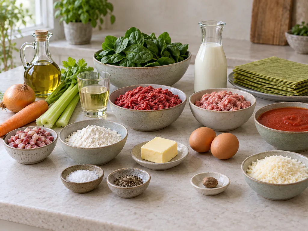 Spinaci, farina, uova, carni, latte e Parmigiano per le lasagne verdi